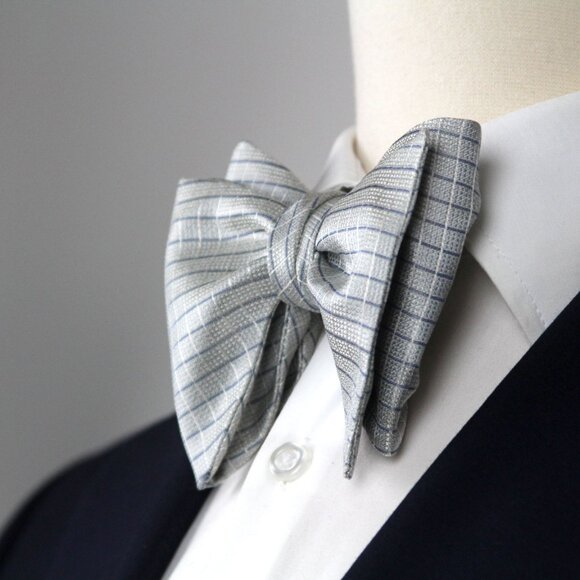 Men's‎ 100% Silk Self-Tied Bow Tie Big Butterfly Blue Micro Plaid Made USA S724 - Picture 3 of 8